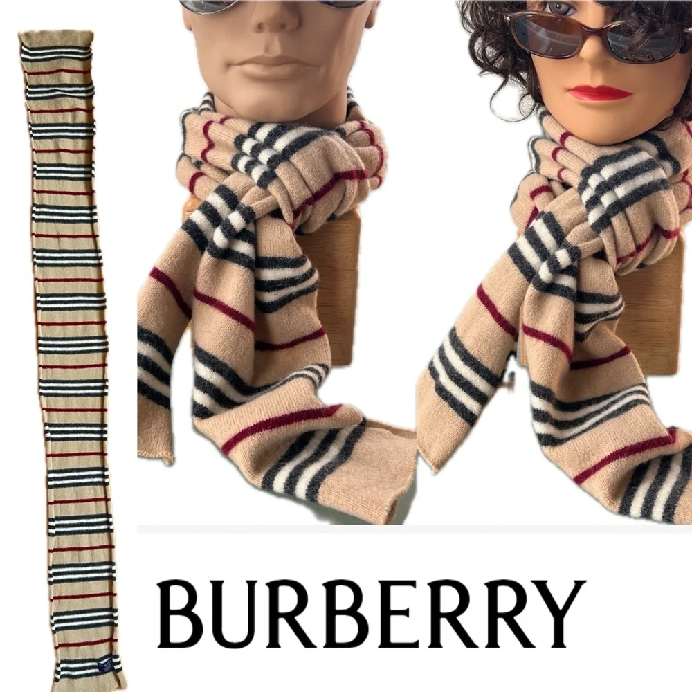 🐑Lambswool Nova Stripe Beige/Black/Maroon Rolled Edges Scarf | Burberry London